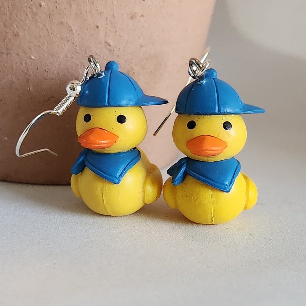 Yellow Rubber Duck Earrings with Blue Baseball Cap and Scarf Novelty Dangles